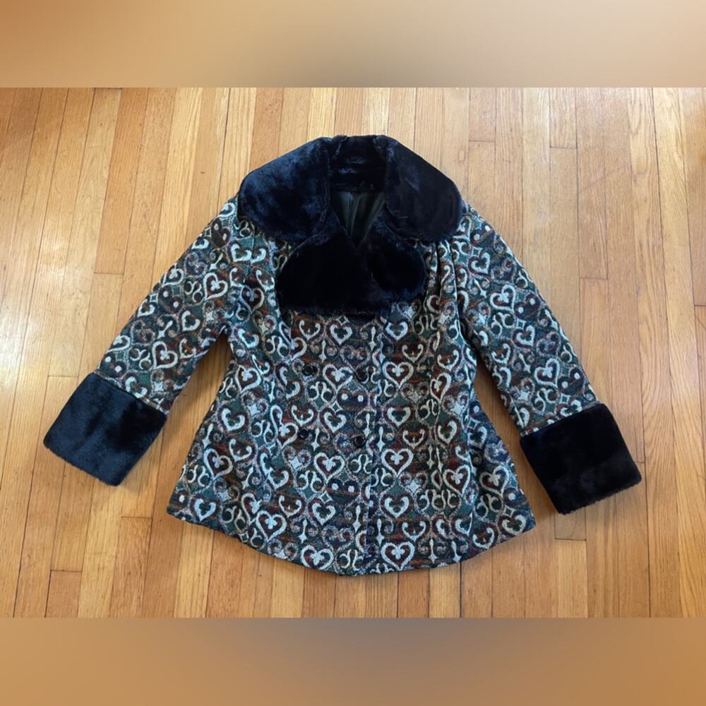 60s Vintage Tapestry Coat with Faux Fur Cuffs and Collar - Picture 6 of 10